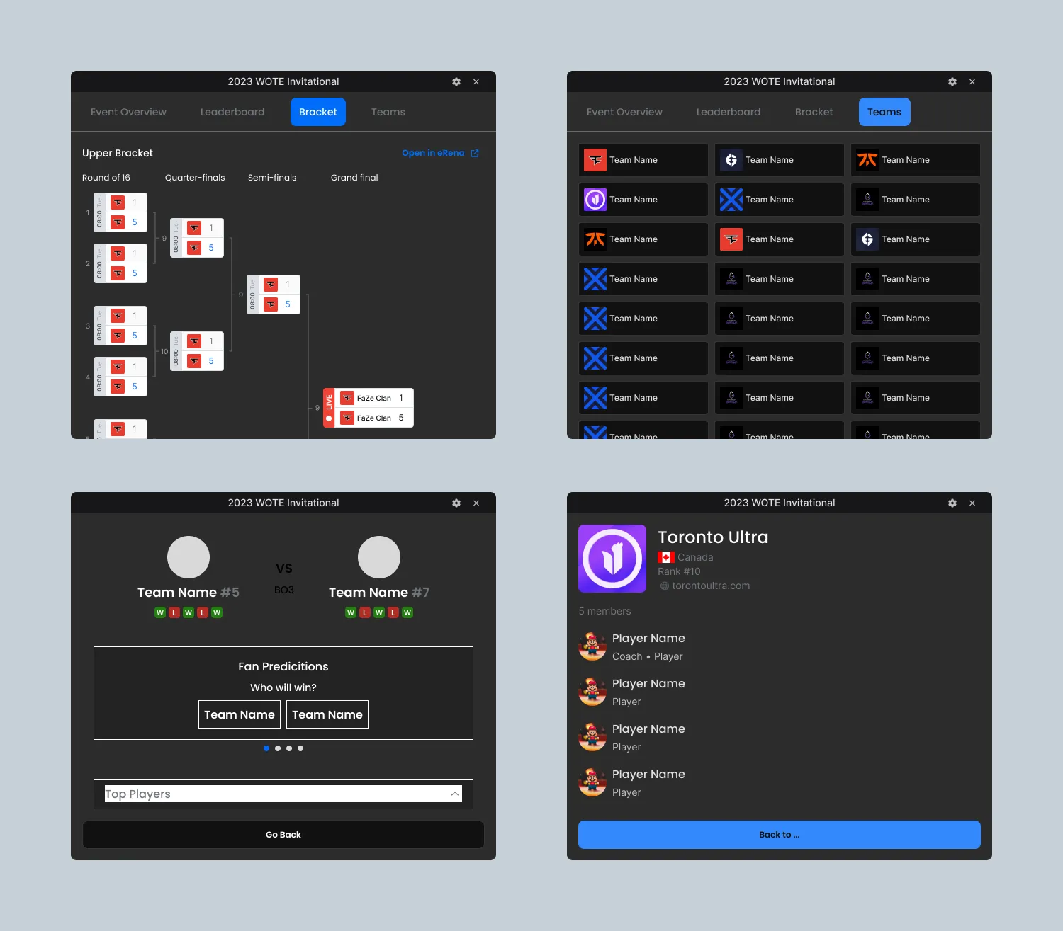Early design mockups showing polls, team details, and bracket visualizations.
