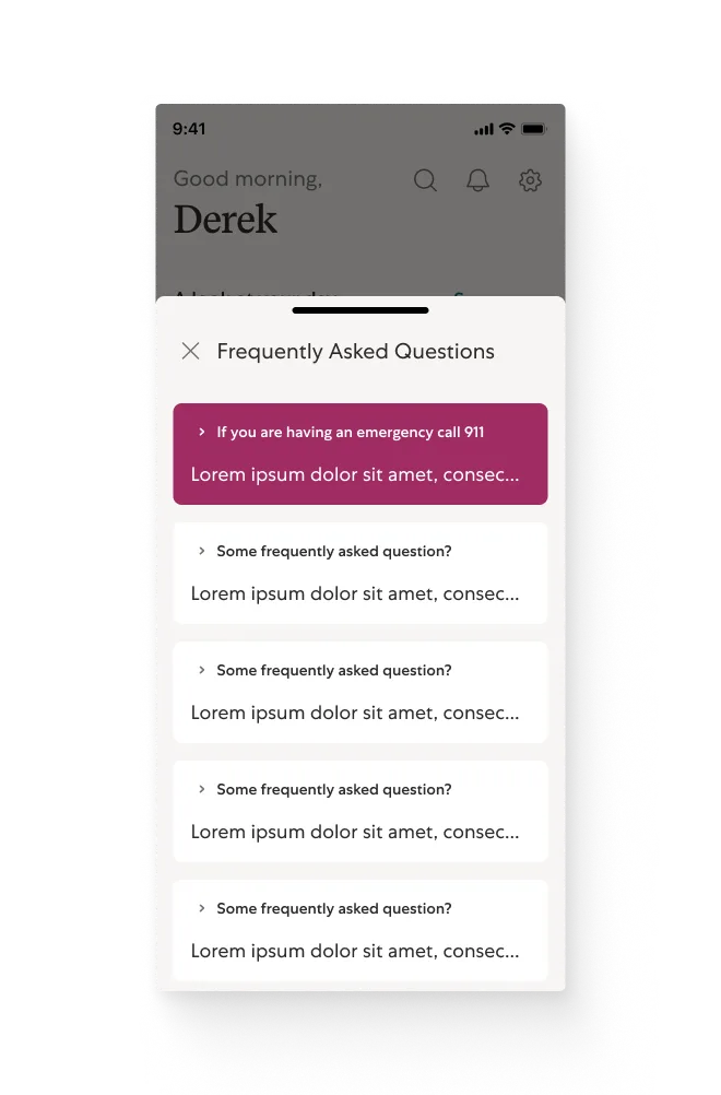 Screenshot of the FAQ section in the app